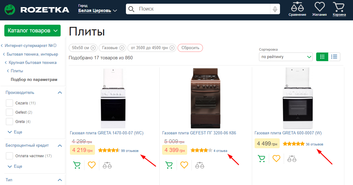Рейтинги товаров и отзывы